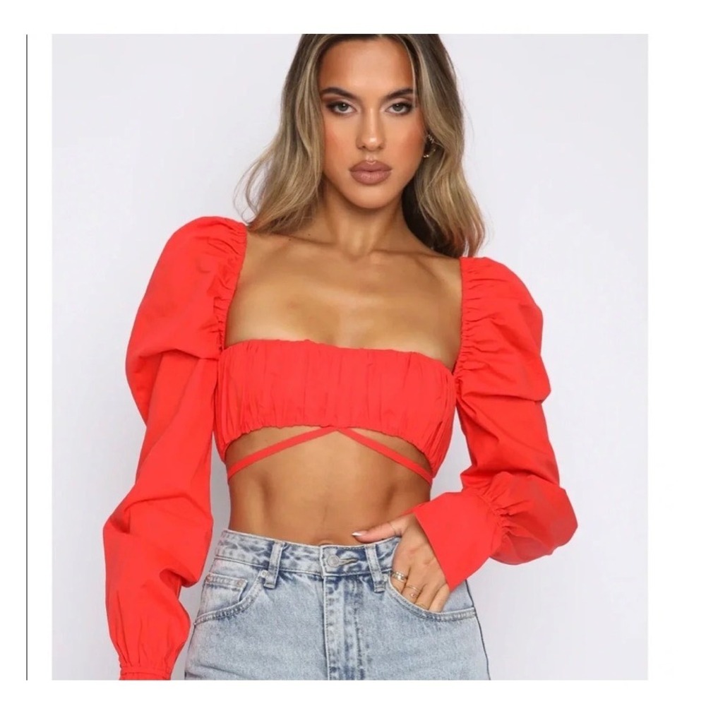 White Fox Red Puff Long Sleeve Crop Top Tie Front Zip Back Statement Coquette S